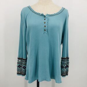 Sundance Top Blue Thermal Waffle Knit Long Sleeve Beaded Embroidered Cuff Henley